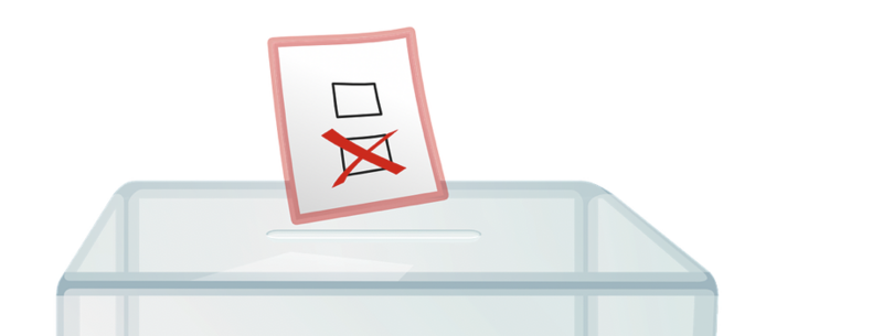 Bild einer Wahlurne mit Stimmzettel, dargestellt als Illustration vor weißem Hintergrund