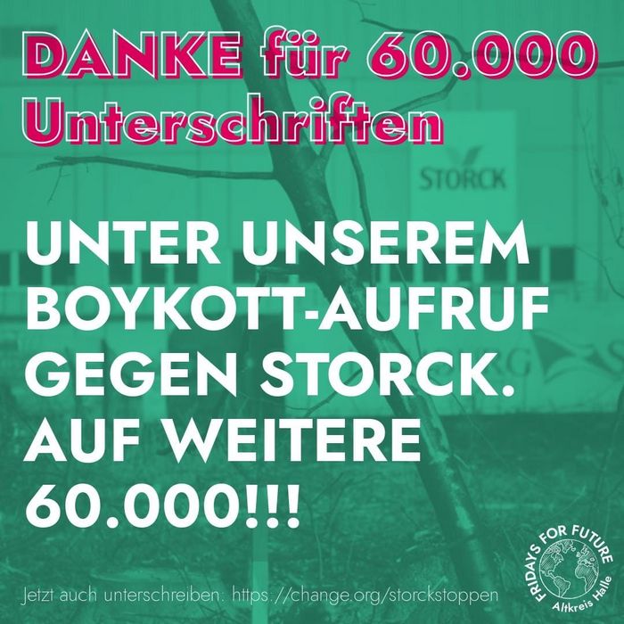 Text in Pink auf türkisgrünem Hintergrund: Danke für die ersten 60.000 Unterschriften bei unserem Boykott-Aufruf gegen Storck. Auf weitere 60.000 
